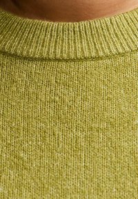 Zielony sweter z dzianiny, z żebrowanym dekoltem, teksturowanym materiałem oraz miękkim, jednolitym wzorem dzianiny na całej powierzchni.