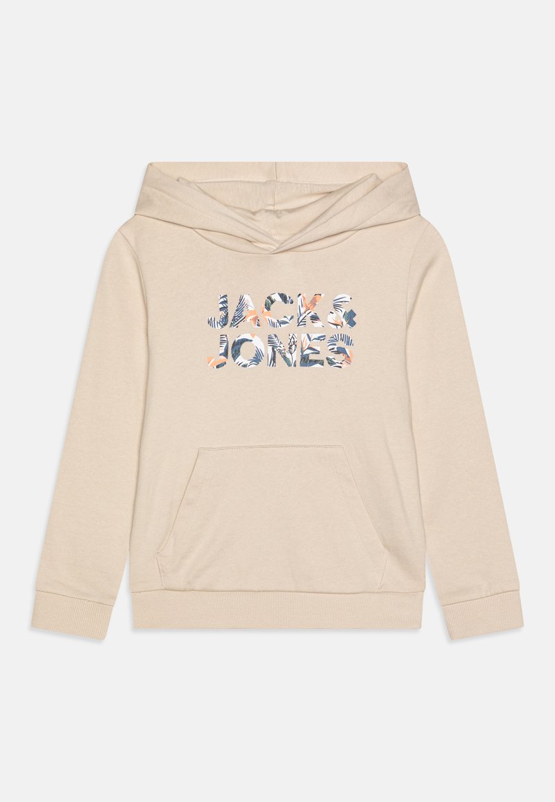 Béžová mikina s klokankou, s vzorovaným logom "JACK & JONES" v modrej, ružovej a zelenej farbe. Mäkkučká látka a nastaviteľná kapucňa.