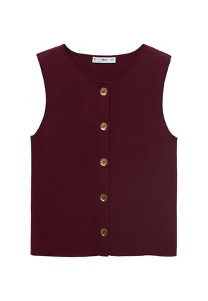 Top sans manches bourgogne avec un col rond et une fermeture par boutons sur le devant, comportant six boutons dorés et une finition en tissu texturé.