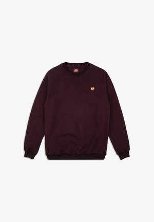 Burgundy sweatshirt with a round neck and ribbed cuffs, featuring a small, orange elephant logo on the left chest. Soft texture.