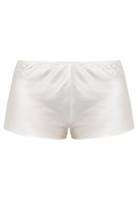 Witte satijnen shorts met een gladde textuur, elastische tailleband en minimalistisch ontwerp. De achterkant heeft een simpele snit zonder versieringen.