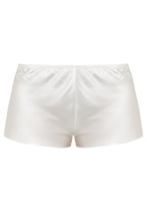 Vita satinsashorts med en slät textur, elastisk midja och minimalistisk design. Baksidan har en enkel skärning utan dekorationer.