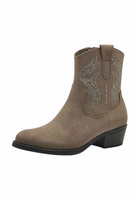 Hnědé semišové kotníkové boty s jemnými švy a akcenty z rhinestone. Mají boční zip a nízký, vrstvený podpatek.