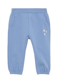 Hellblaue Trainingshose aus weichem Baumwollstoff, mit seitlichen Taschen und einem gerippten Bund, verziert mit drei kleinen gestickten Herzen am linken Bein.