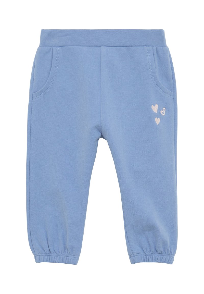 Hellblaue Trainingshose aus weichem Baumwollstoff, mit seitlichen Taschen und einem gerippten Bund, verziert mit drei kleinen gestickten Herzen am linken Bein.
