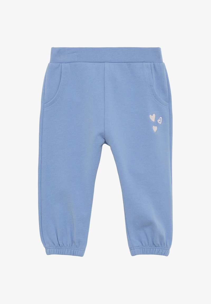 Lichtblauwe sweatpants van zachte katoen, met zijzakken en een geribbelde tailleband, voorzien van drie kleine geborduurde hartjes op het linkerpoot.