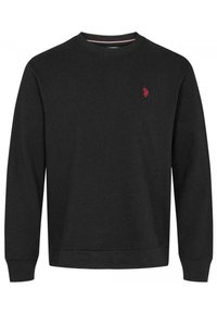 Svart sweatshirt med långa ärmar, rund halsringning och ribbade muddar. Har en liten röd logotyp på vänster bröst. Mjuk, strukturerad bomullsmaterial.