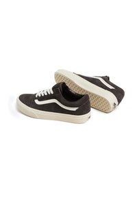Dark gray suede sneakers with white accents, flat laces, and a cream-colored rubber sole featuring a textured grip pattern.
