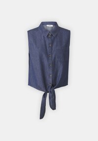 Camicia senza maniche in denim scuro con colletto, chiusura frontale con bottoni, taschino sul petto e dettaglio dell'orlo annodato.