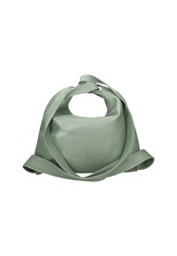 Groene leren handtas met een unieke ronde vorm en een schouderriem. Voorzien van een handvat aan de bovenkant en een gestructureerde afwerking.