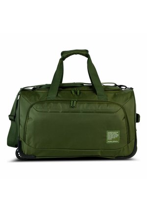 Grüne Rolltasche mit Doppelgriffen, vorderer Reißverschlusstasche, verstellbarem Schultergurt und rechteckigem Logopatch an der Seite.