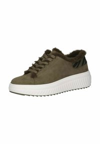 Sneaker marrone in suede con una morbida foderatura color crema, suola elevata bianca e un accento a strisce nere e verdi sul tallone. Design con lacci.
