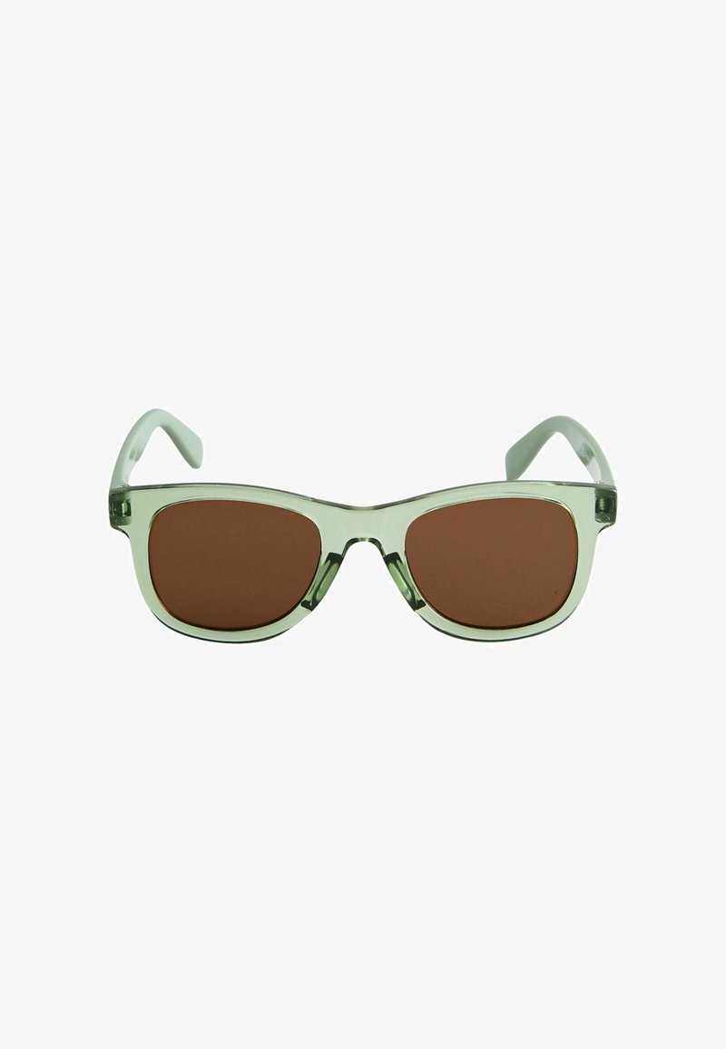 Lunettes de soleil avec verres rectangulaires marron montés dans des montures translucides vert clair, présentées de face sur fond blanc.