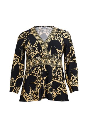 Langärmlige V-Ausschnitt-Bluse mit schwarzen Vogel- und Blumenmustern auf beigem Hintergrund, mit dekorativem Band über Brust und Taille.