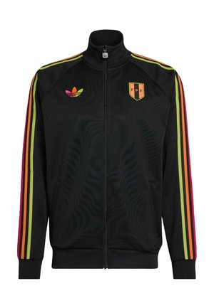 Veste noire à fermeture éclair intégrale avec des rayures arc-en-ciel sur les manches, un logo trèfle multicolore sur la poitrine gauche et un écusson orange "FPF" sur la poitrine droite.