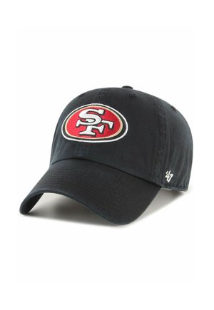 Black baseball cap with red and white San Francisco 49ers logo embroidered on the front and a small white '47' on the side.