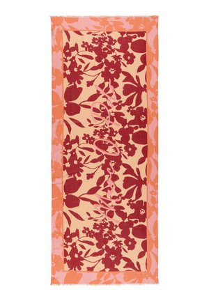 Écharpe rectangulaire avec motif floral rouge sur fond beige et bordure florale rose-orange.