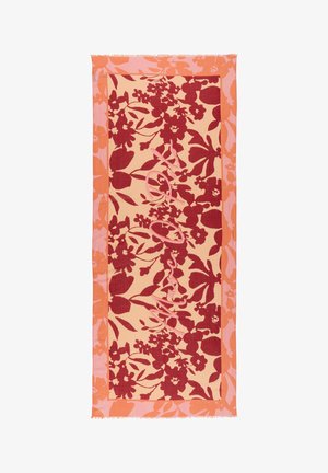 Prostokątny szalik z czerwonym kwiatowym wzorem na beżowym tle i różowo-pomarańczową kwiatową bordiurą.