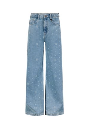Lichtblauwe denim jeans met wijde pijpen, knoop- en ritssluiting, voorzakken en een subtiel patroon van witte stippen en monogrammen.