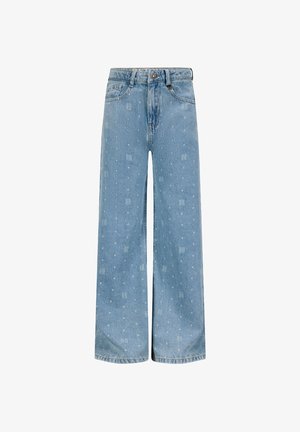 Lichtblauwe denim jeans met wijde pijpen, knoop- en ritssluiting, voorzakken en een subtiel patroon van witte stippen en monogrammen.