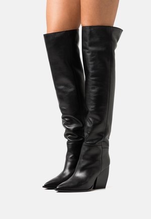 Femme portant des bottes noires en cuir montant jusqu'au genou, à bouts pointus et talons blocs inclinés, sur fond blanc.