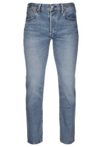 Ljusblå denimjeans med rak ben-design, med kontrastsytt, femfickarsstil och knappstängning.