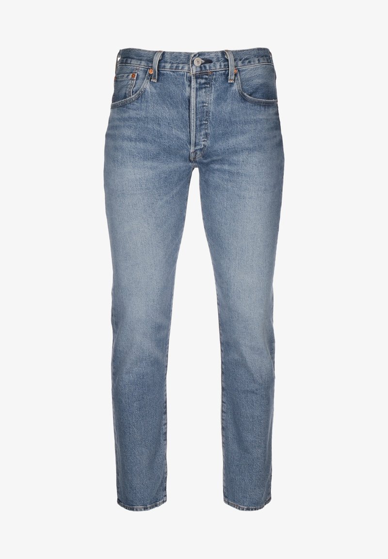 Ljusblå denimjeans med rak ben-design, med kontrastsytt, femfickarsstil och knappstängning.