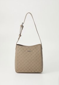Beige leather shoulder bag with quilted pattern, adjustable strap, and silver-tone logo detail. Smooth texture, modern design.