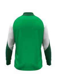 Camicia a maniche lunghe con corpo verde, spalle bianche e maniche verde scuro. Tessuto liscio, colletto rotondo e design atletico.