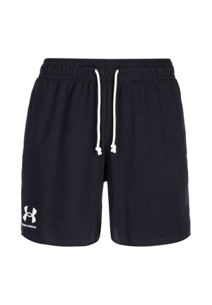 Tumed sinine sportlikud lühikesed püksid, mis on valmistatud pehmest kangast. Omab elastset vööd, kus on pael ja vasakul jalal valge Under Armour logo.