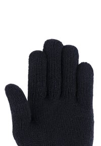 Zwarte gebreide handschoen met een gestructureerd oppervlak, met vijf vingeropeningen en een nauwsluitende pasvorm. Geen zichtbare patronen of hardwaredetails.
