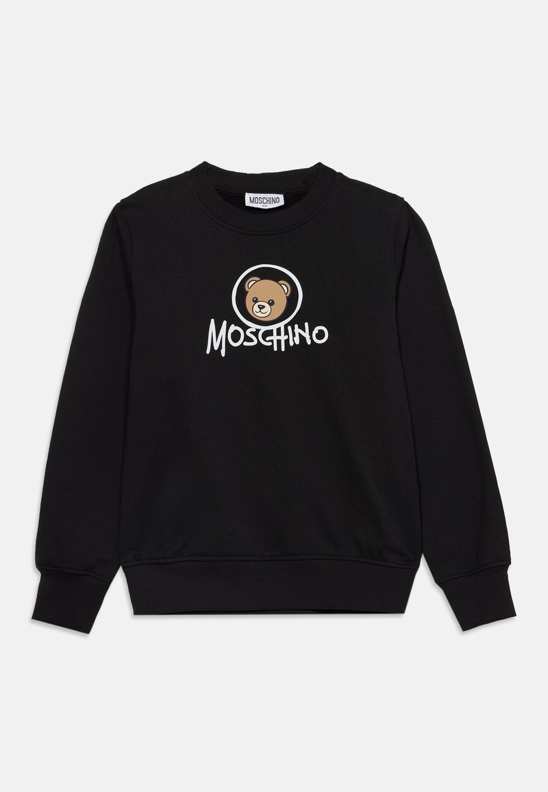 Sweat Moschino noir à manches longues avec poignets et ourlet côtelés, représentant un graphisme d'ours en peluche et le logo Moschino en blanc sur la poitrine.