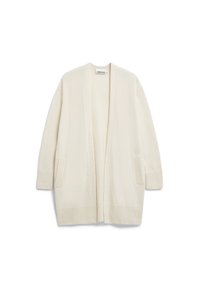 Helle Elfenbein offene Strickjacke aus weichem Material mit langen Ärmeln, zwei vorderen Taschen und gerippten Bündchen und Saum.