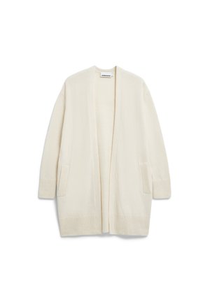 Cardigan aperto color avorio chiaro realizzato in morbido maglione, con maniche lunghe, due tasche anteriori e polsini e orlo a coste.