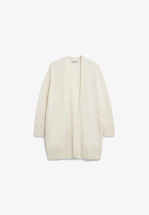 Cardigan aperto color avorio chiaro realizzato in morbido maglione, con maniche lunghe, due tasche anteriori e polsini e orlo a coste.