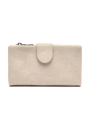 Svetlo bež denarnica z izbočenimi vzorci zvezd, z zadrgo na vrhu in sprednjim poklopcem z vidnim šivanjem.