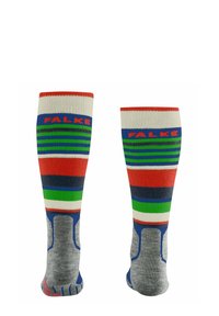 Calze al ginocchio con una combinazione di strisce rosse, verdi, blu e grigie. Realizzate in tessuto lavorato a maglia con tallone e punta rinforzati.