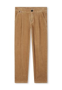 Bruine corduroy broeken met een gestructureerd oppervlak, uitgerust met twee voorzakken, een knoopsluiting aan de taille en een ontspannen pasvorm.