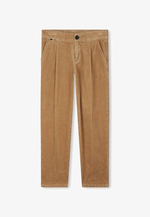 Pantalons en velours côtelé marron avec une surface texturée, dotés de deux poches avant, d'une taille à boutons et d'un design à coupe décontractée.