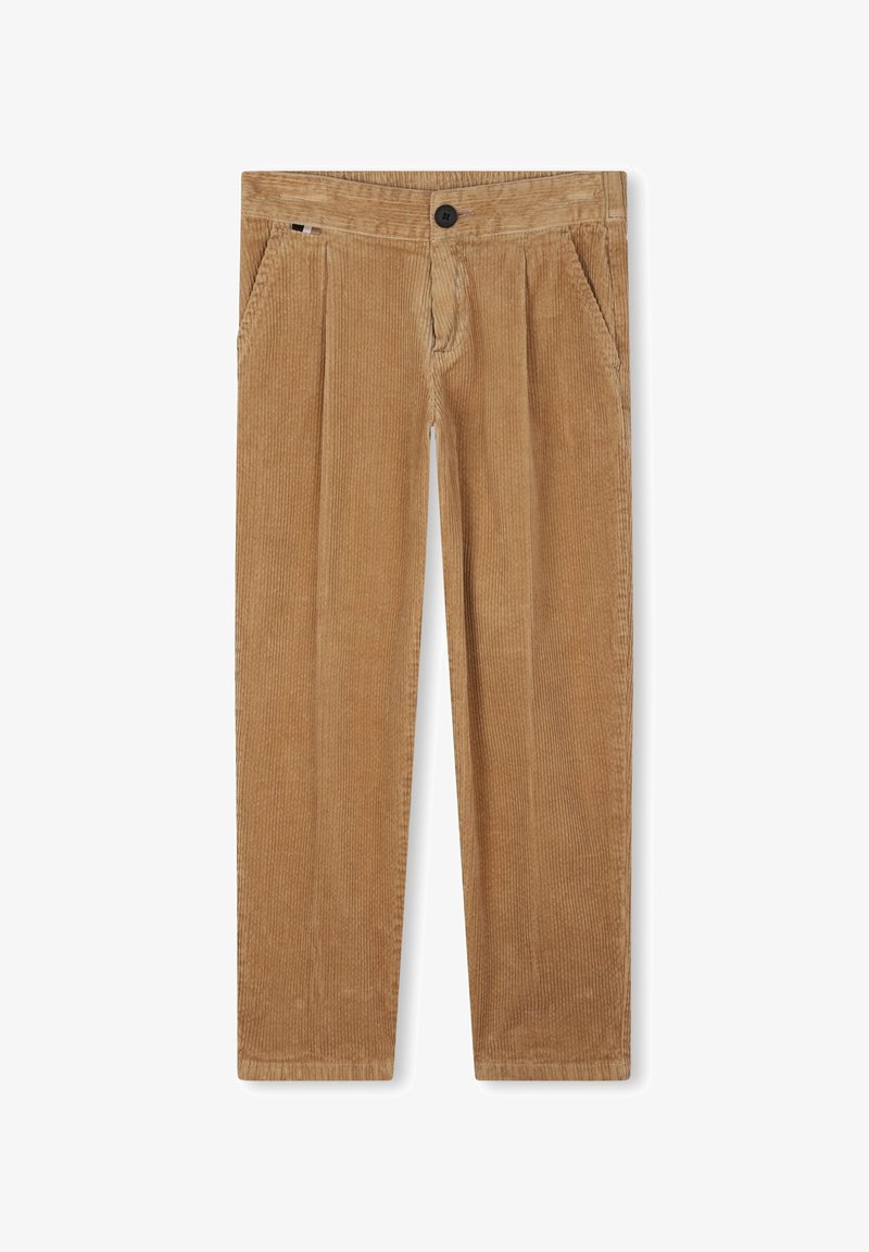 Bruine corduroy broeken met een gestructureerd oppervlak, uitgerust met twee voorzakken, een knoopsluiting aan de taille en een ontspannen pasvorm.