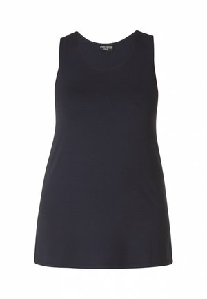 Zwart mouwloos tanktopje met ronde halslijn, rechte zoom en "Base Level" label aan de binnenkant van de kraag.
