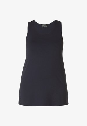 Zwart mouwloos tanktopje met ronde halslijn, rechte zoom en "Base Level" label aan de binnenkant van de kraag.