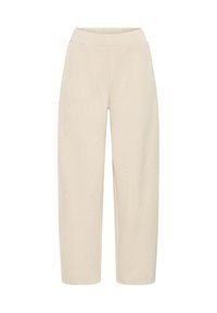 Pantaloni beige a gamba larga con elastico in vita. Realizzati in un morbido tessuto texturizzato, con una finitura liscia e senza ulteriori fantasie.