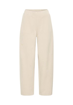Pantaloni beige a gamba larga con elastico in vita. Realizzati in un morbido tessuto texturizzato, con una finitura liscia e senza ulteriori fantasie.