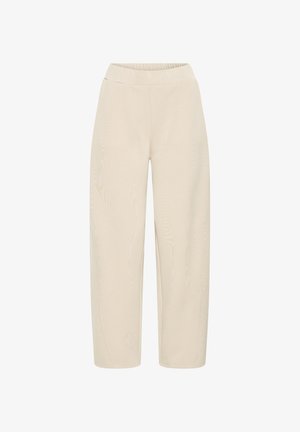 Beige wide-leg pants with an elastic waistband. Made from soft, textured fabric, featuring a smooth finish and no additional patterns.