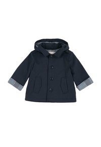 Veste pour enfants bleu marine avec capuche, dotée de grands boutons sur le devant, de deux poches plaquées et d'une doublure et des poignets à carreaux.