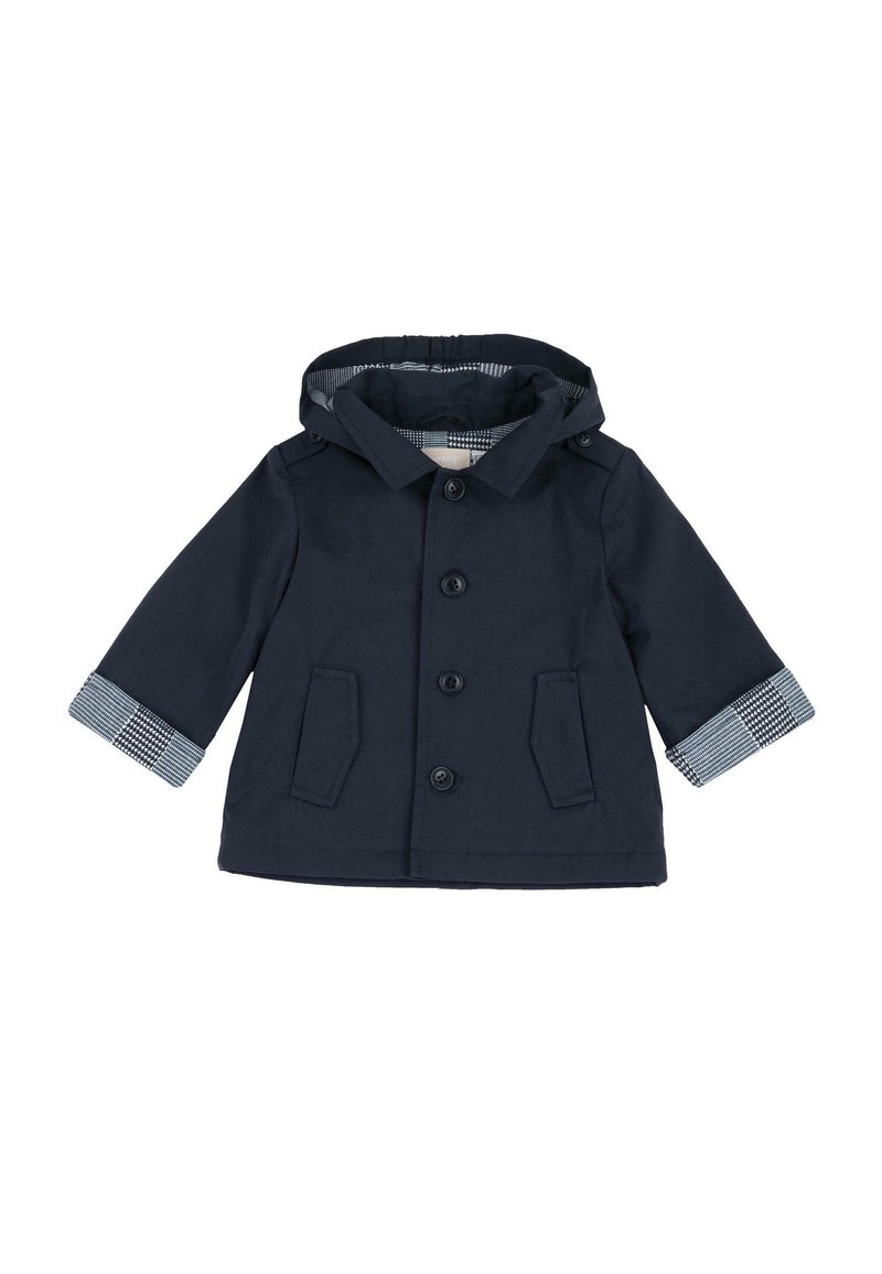 Veste pour enfants bleu marine avec capuche, dotée de grands boutons sur le devant, de deux poches plaquées et d'une doublure et des poignets à carreaux.