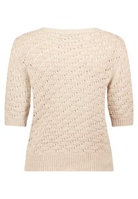 Beige gestrickter Pullover mit kurzen Ärmeln, einem Rundhalsausschnitt und einem strukturierten Muster mit offener Maschenart. Gerippter Saum und Ärmelbündchen.