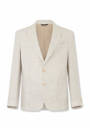 Blazer da uomo beige e bianco con motivo pied de poule, rever a incavo, due bottoni frontali, tasche applicate e fodera interna beige.