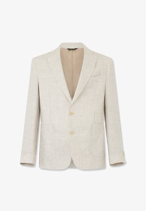 Veste pour homme beige et blanche à motif pied-de-poule avec revers crantés, deux boutons à l'avant, poches plaquées et doublure intérieure beige.